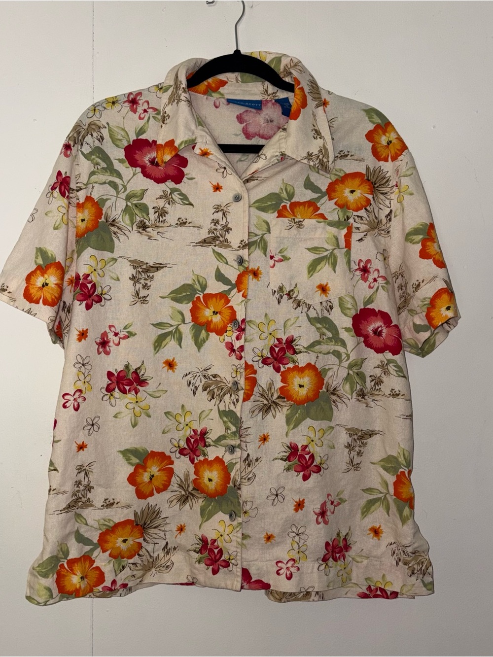 Karen Scott Sport Linen Blend Tropical Floral Shirt Women’s XL Hawaiian